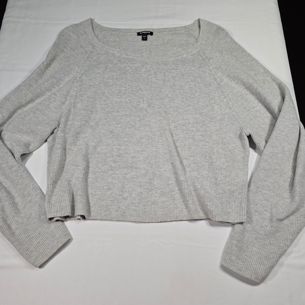 Express Womens Gray Ribbed Knit Cropped Cotton Sweater Scoop Neck Long Sleeve M